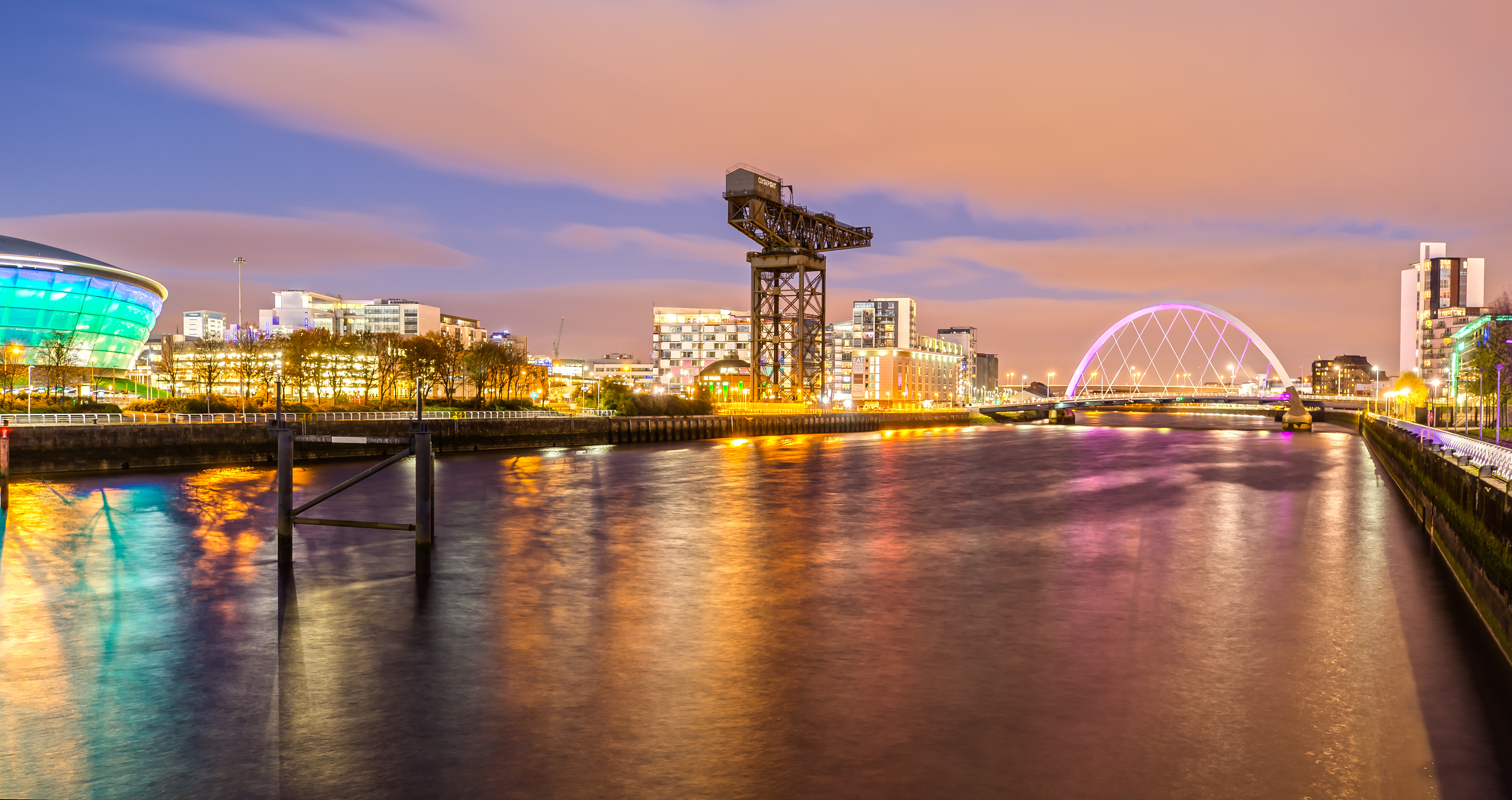 Clyde Arc and Glasgow Skyline at Night