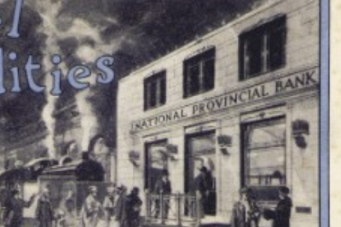 This images shows a drawing of an old branch of National Provincial Bank. 