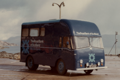 This image shows an old RBS mobile banking van from the 1960s. 